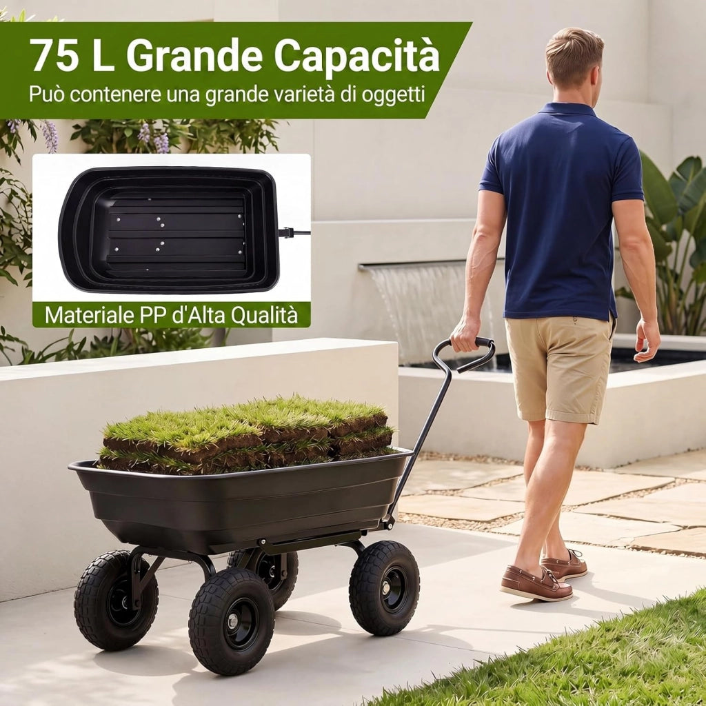 Carrello da Giardino 75 L Portata 300 kg, Carriola da Giardino Ribaltabile con 4 Ruote Pneumatiche, Manico Regolabile e Impugnatura Morbida, Carriola da Muratore da Esterno