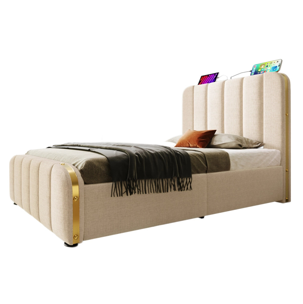 Letto singolo imbottito 90x200 cm con 4 cassetti, USB e materasso incluso