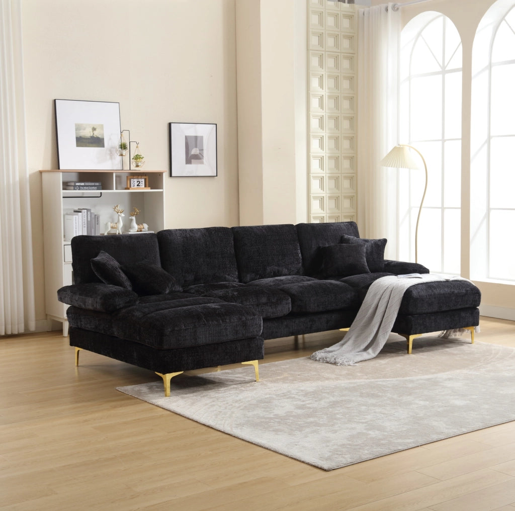 Divano a U 272x136x88 cm con due chaise longue in chenille nero