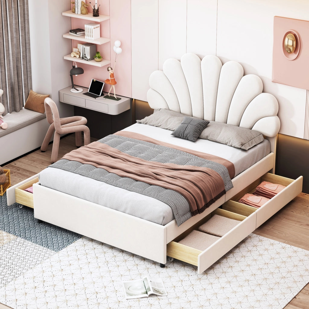 OKWISH Letto con Cassetti 140×200 cm, Letto Matrimoniale con 4 Cassetti, Testiera a Fiore e Vani Portaoggetti, senza Materasso, Velluto Beige