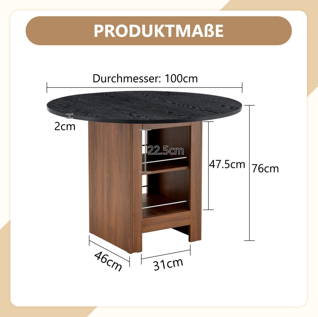 Tavolo da pranzo rotondo Ø100 cm in MDF noce e nero con ripiani