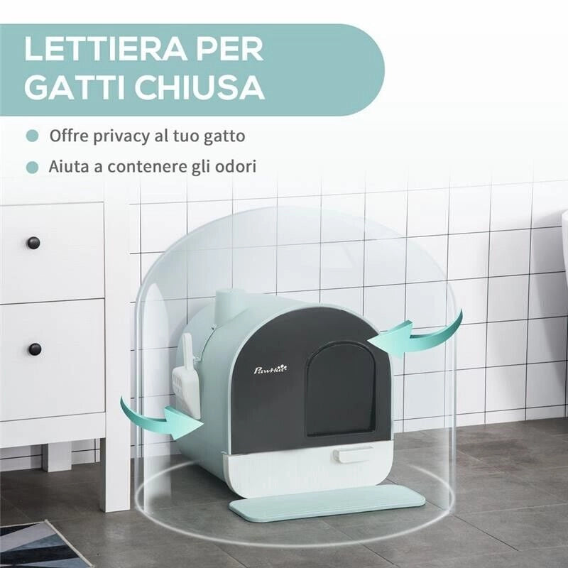 LETTIERA PER GATTI CHIUSA CON FILTRI, PALETTA E VASSOIO, STRUTTURA IN PP, 43X44X47CM, VERDE