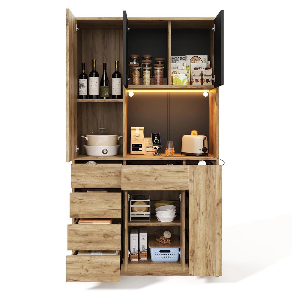Armadio da cucina alto - Xylo - 185x105x40cm - Ripiano spezie scorrevole, illuminazione LED