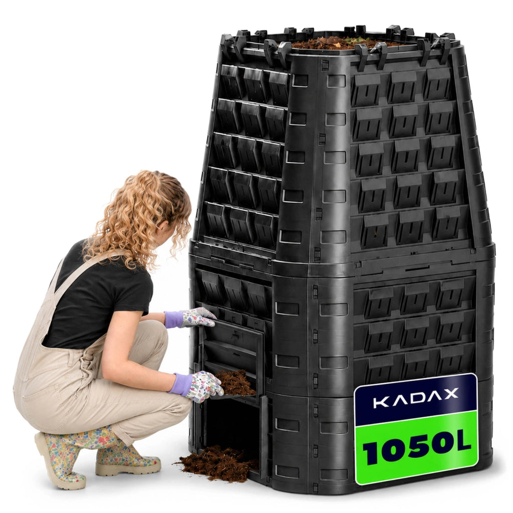 Compostiera modulare da giardino KADAX di grandi dimensioni, resistente al gelo e utilizzabile tutto l'anno, capacità 1050 litri.