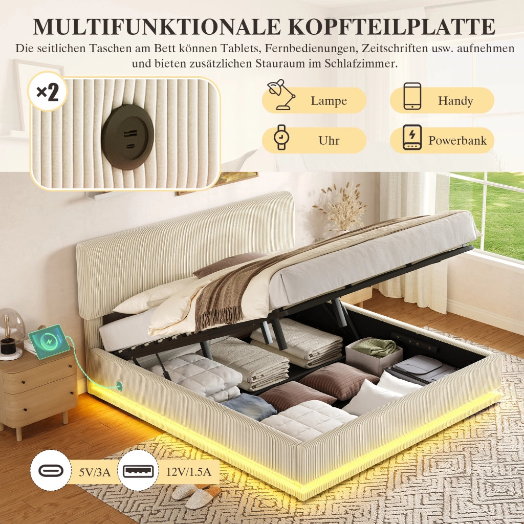 Letto contenitore 180 × 200 cm 2 posti con LED, USB-C, testiera regolabile, senza materasso, beige