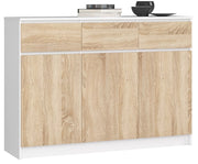 Cassettiera AKORD K140 Bianca 138 cm 3 ante 3 cassetti inserto frontale Sonoma Quercia 138x40x99 cm