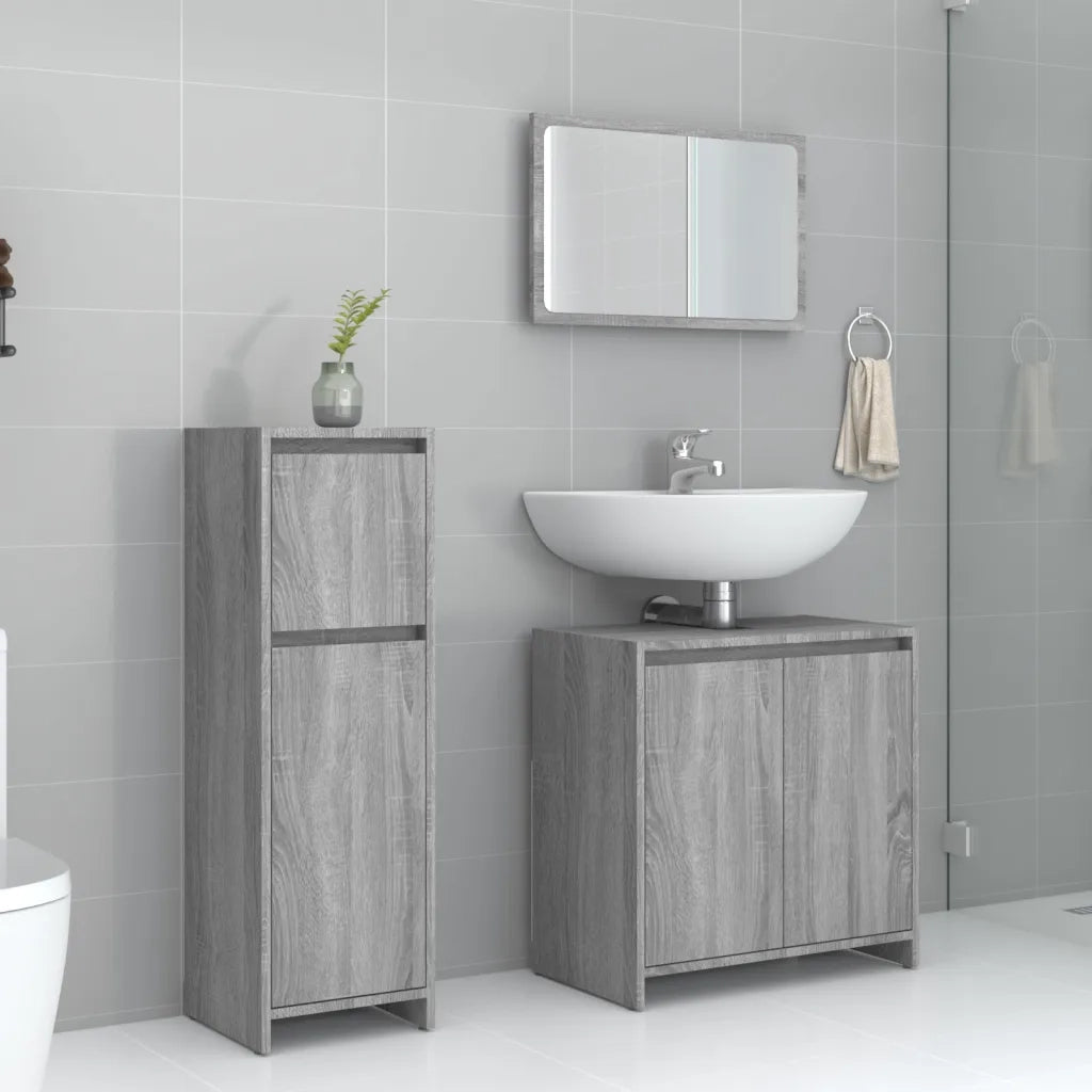 Set Mobili da Bagno | Armadio da bagno 3 pz Grigio Sonoma in Legno Multistrato