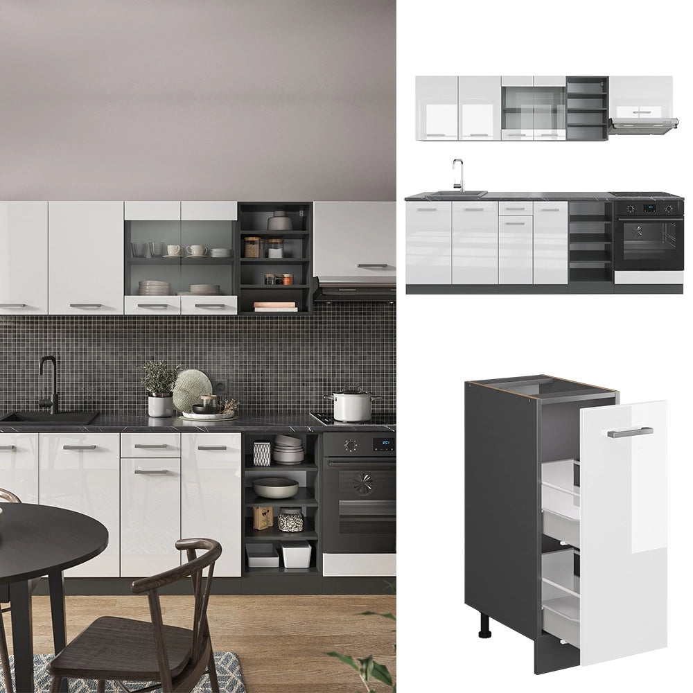 Cucina componibile R-Line Bianco lucido/Antracite 240 cm, PL Marmo Vicco