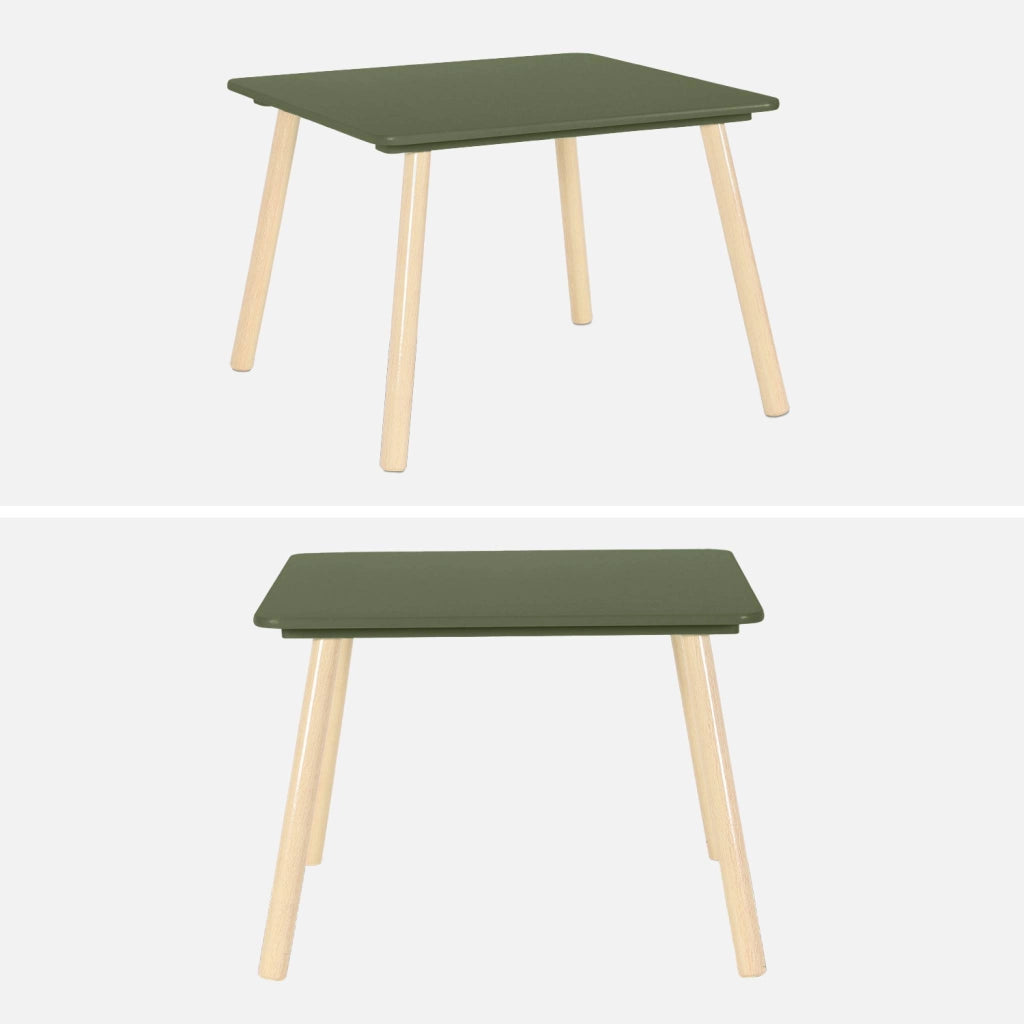 Tavolo quadrato per bambini con 2 sedie, verde oliva