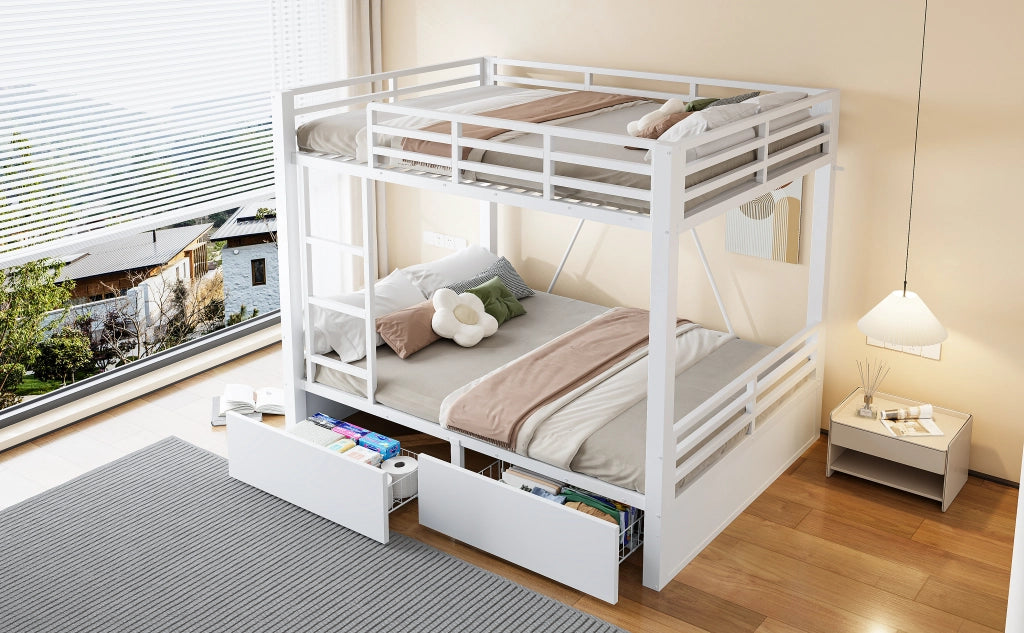 DESMIU Letto a Castello 140 × 200 cm 2 Posti con 2 Cassetti e Scala, senza Materasso, in Metallo e Legno, Bianco