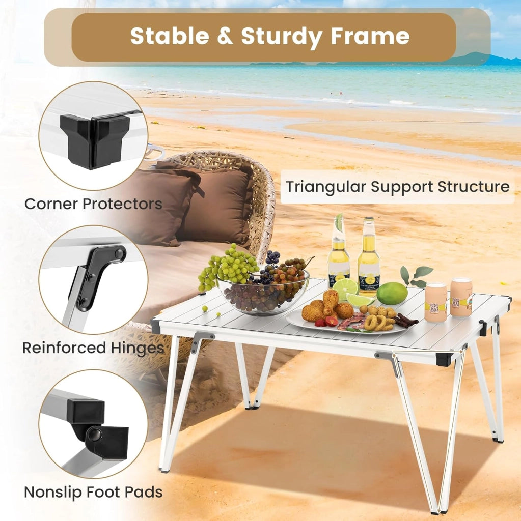 Tavolino da Giardino Pieghevole & Portatile con Borsa di Conservazione, Tavolo da Campeggio con Piano in Alluminio, Tavolo da Esterno per Picnic, Feste, BBQ, Spiaggia, Balcone (Argento)