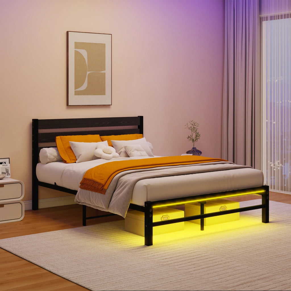 LETTO Matrimoniale 140x200 cm in MDF e Metallo Nero con LED