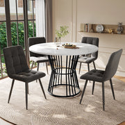 Tavolo da Pranzo Rotondo con 4 Sedie ¨C MINIMAL ¨C Piano Bianco MDF, Gambe Metallo Nero, Velluto Grigio Scuro, ?100