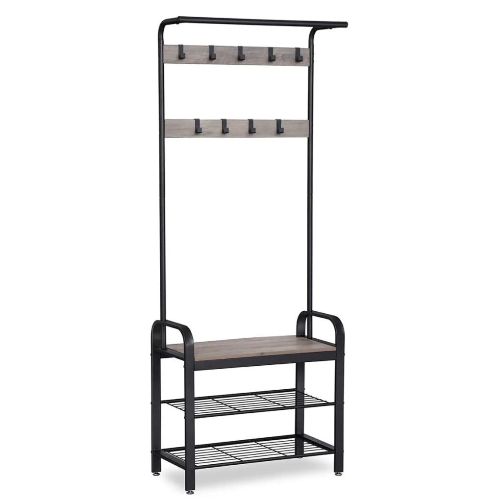 Appendiabiti guardaroba guardaroba ingresso con ganci removibili panca e scarpiera altezza 183 cm struttura in metallo stile industriale colore greige e nero 12_0003649