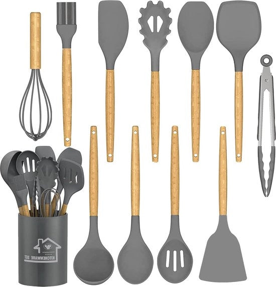 Kit di aiuto in cucina in silicone con supporto - 12 pezzi - rivestimento antiaderente - termoresistente - maniglia in legno naturale - BPA libero - grigio