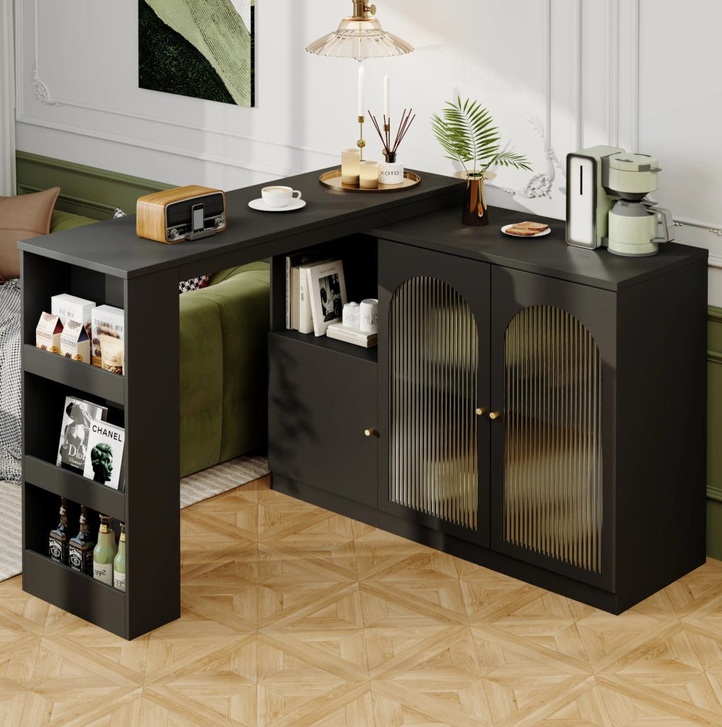 Bartisch mit 360° Drehfunktion aus MDF, 120 x 40 x 97 cm, moderner schwarzer Ess- und Barschrank mit Glasfront