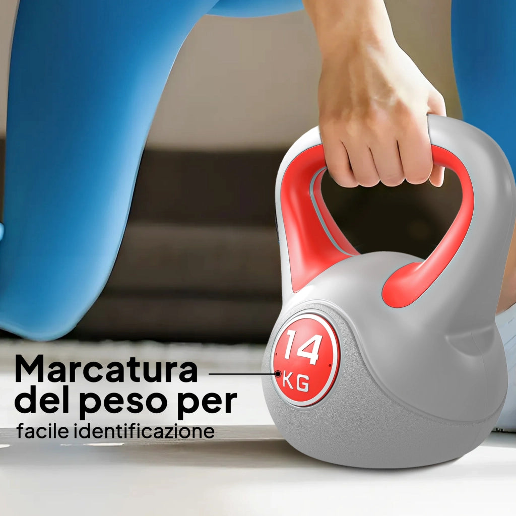 EasyComfort Kettlebell 14kg in PU e Sabbia con Base Piatta e Impugnatura per Stacchi, Squat e Sollevamenti, 26x18x32 cm, Rosso