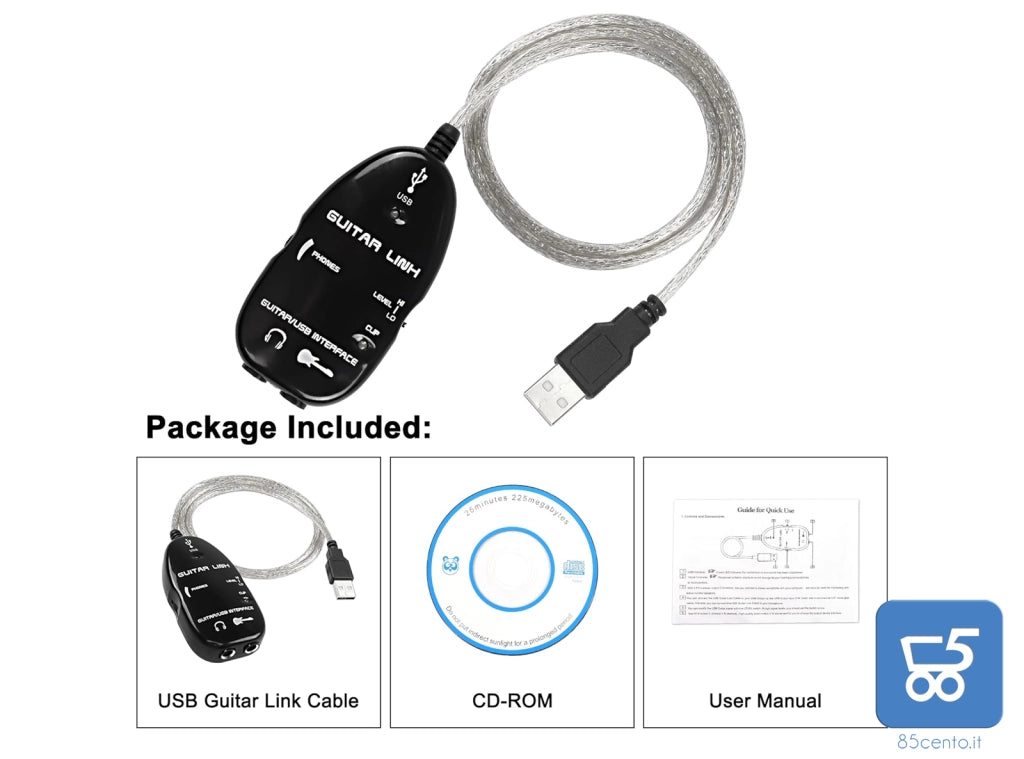 Scheda audio USB Guitar Link per Chitarra Adattatore USB di registrazione PC MAC Lunghezza 1 Metro con Uscita Cuffie