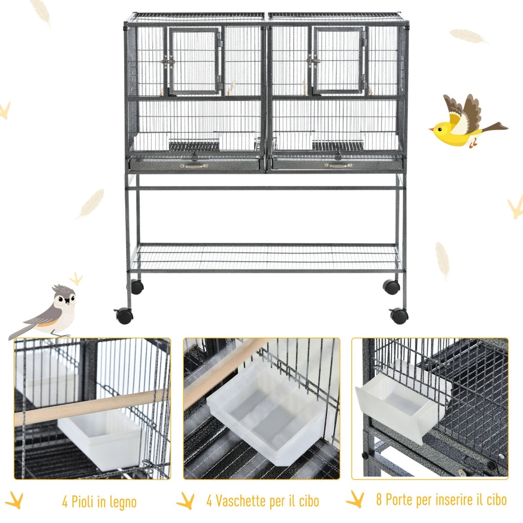 EasyComfort Doppia Gabbia per Uccelli in Metallo di Alta Qualità con Vassoi Estraibili, Supporto Stabile con 4 Ruote e Ripiano, 95x45.5x102cm, Nero Grigio