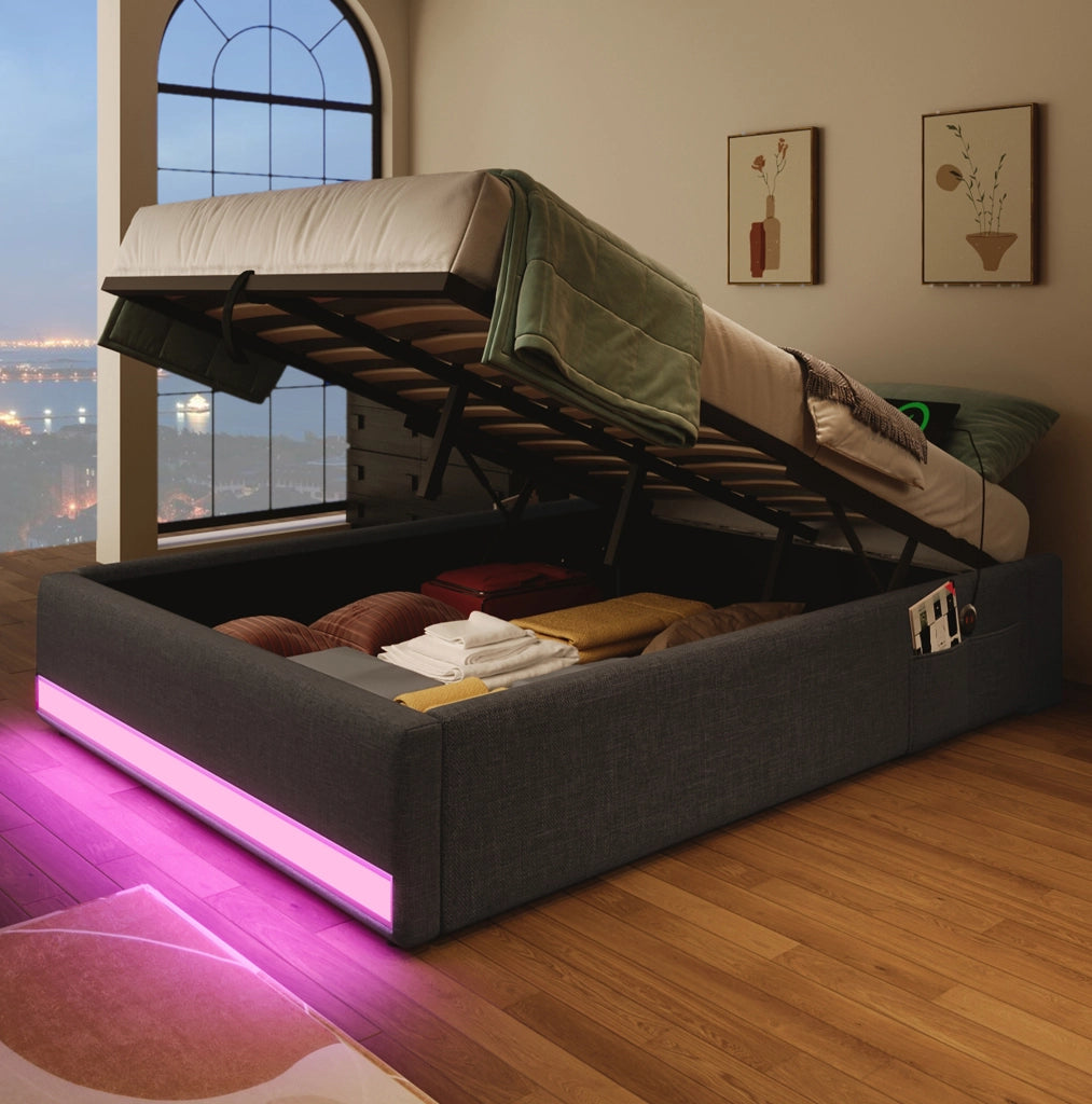 Letto imbottito 90x200 cm senza testiera in lino grigio con LED; USB e porta Type-C; contenitore idraulico