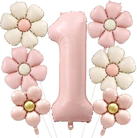 Decorazione di compleanno a forma di fiore - Set di 7 palloni - Rosso/crema - Inflazione facile - Durata 1 anno