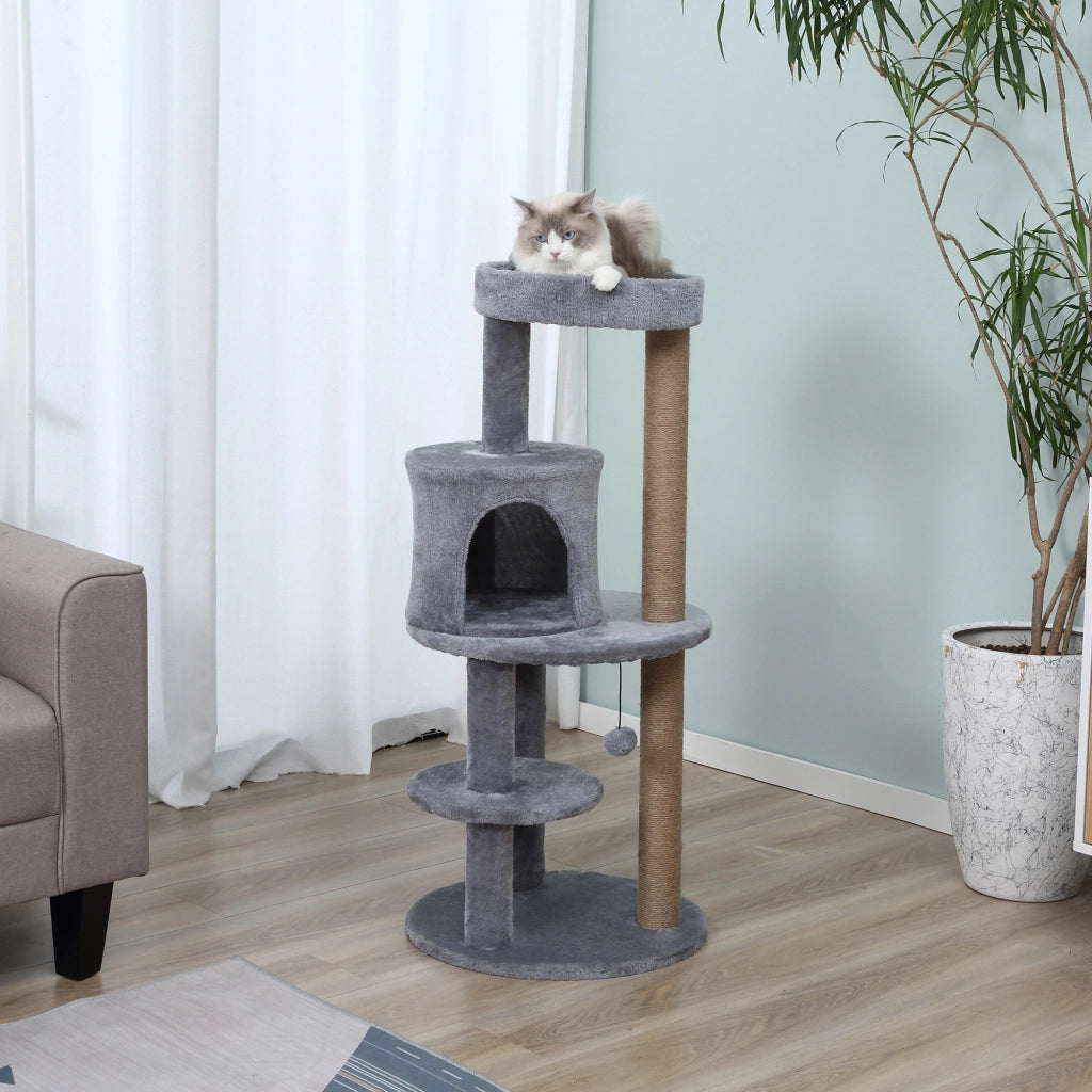 EasyComfort Albero Tiragraffi per Gatti a 3 Livelli con Trespoli, Casetta e Pallina Appesa, Albero per Gatti in Legno, Sisal e Peluche, 48x48x104 cm, Grigio