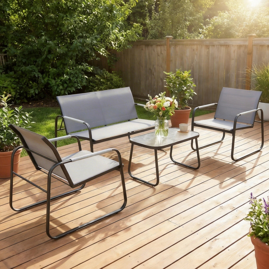 Set 4 Pezzi da Giardino con Divano 2 Posti 2 Sedie e Tavolino Struttura in Metallo Grigio