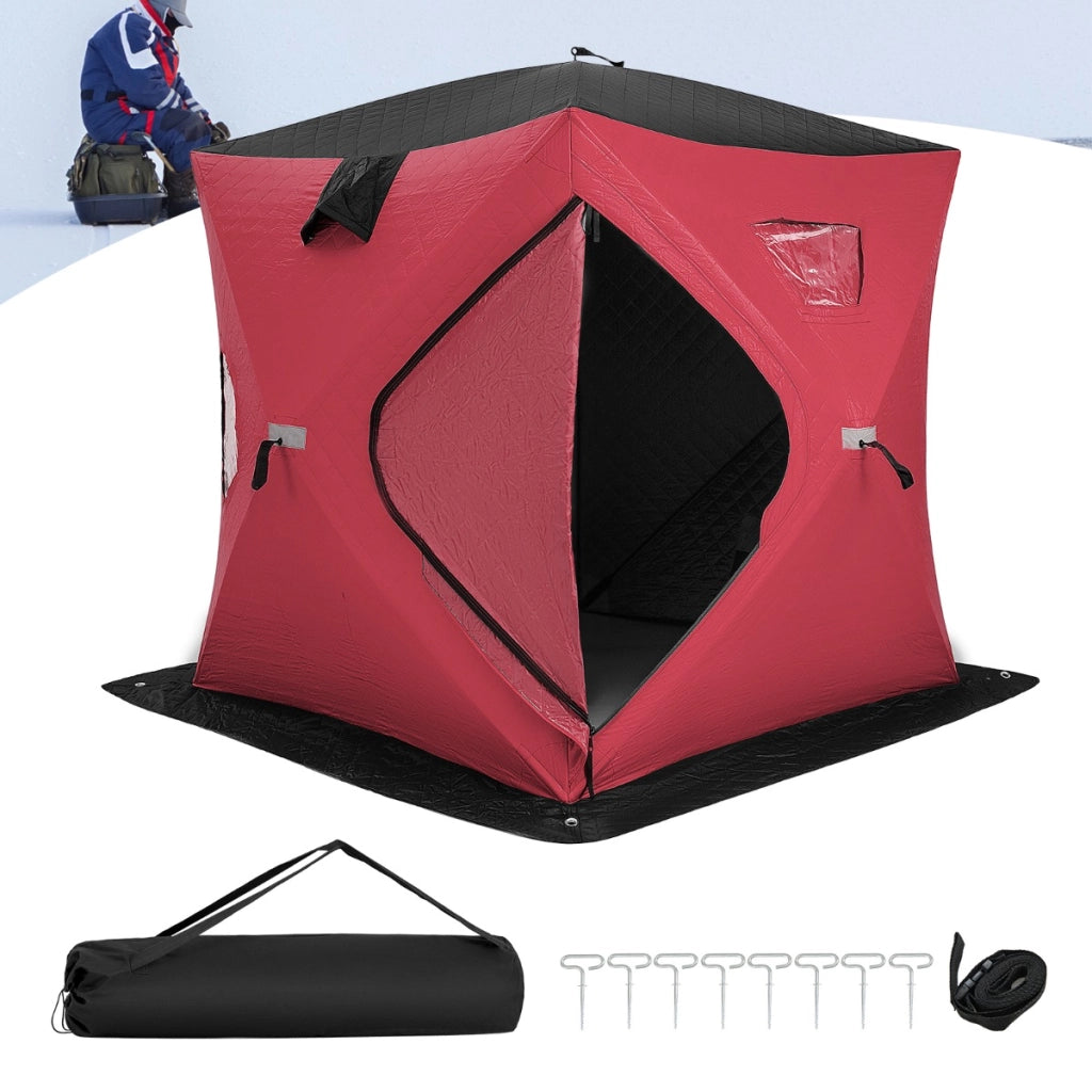 Tenda da pesca sul ghiaccio pieghevole capanno 2 persone pareti cotone, Tenda da pesca sul ghiaccio con porta e cerniera Rosso-Tende