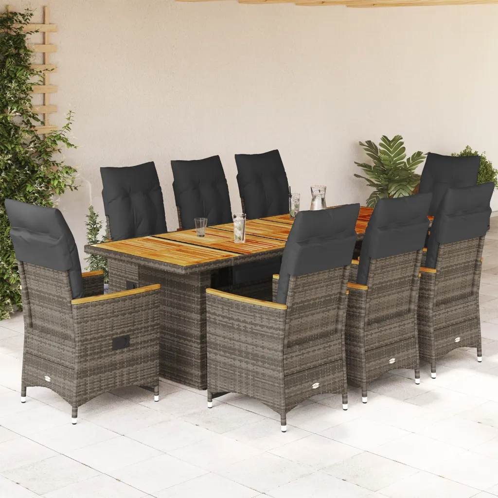 Set BistrÃ² da Giardino 9 pz con Cuscini in Polyrattan Grigio