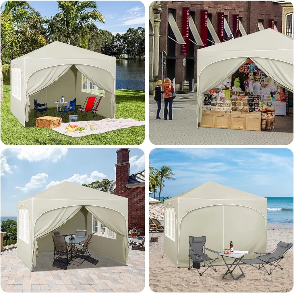 Gazebo Pieghevole da Giardino, Gazebo Idrorepellente Pop Up da 3x3m Pannelli Laterali, Tendone Esterno, Altezza Regolabile, Protezione UV, con Custodia Beige