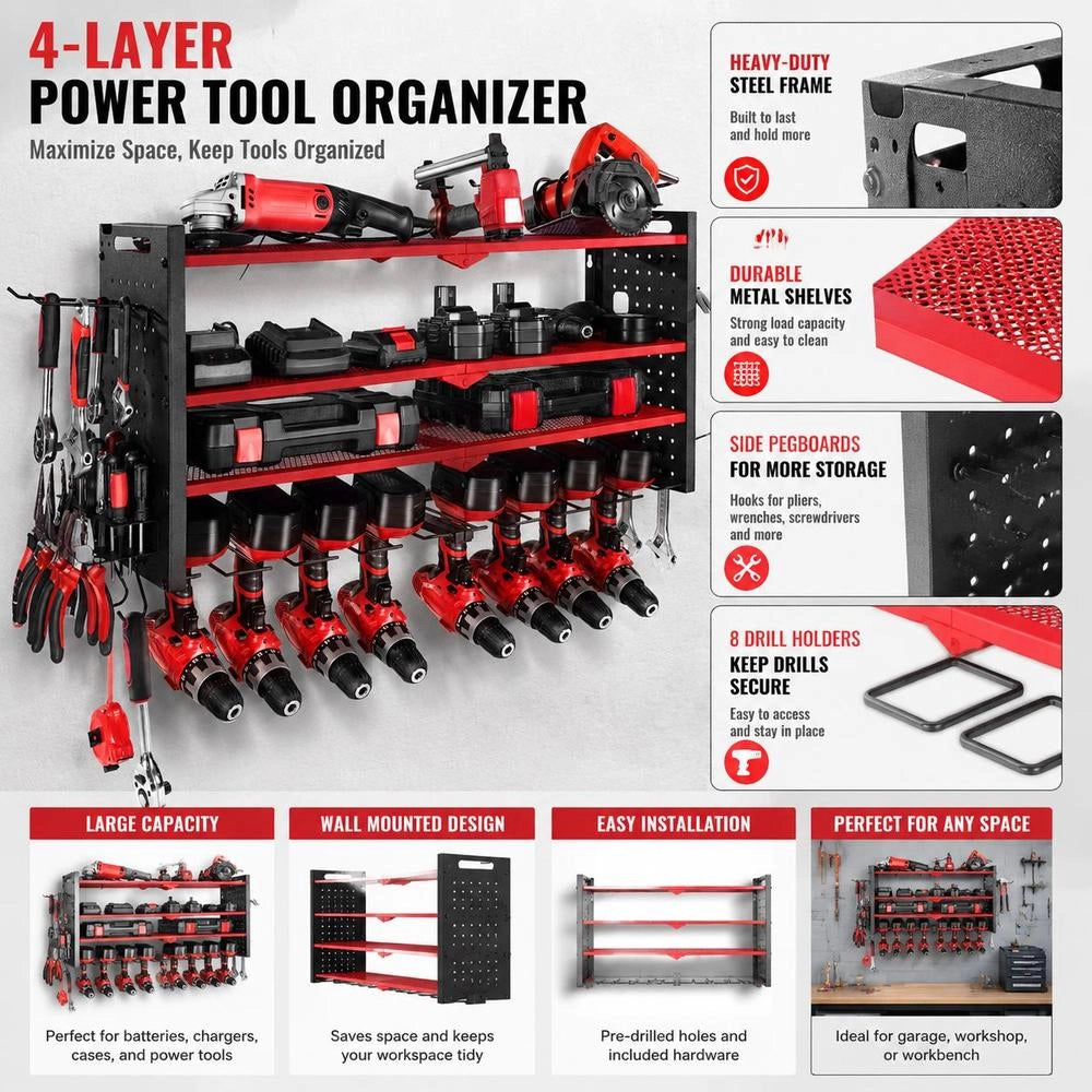 Tool Storage Wall Mount, 4-tier Storage Rack With 8 Drill Bit Holders, Tool Holder With Side Pegboards, Tool Organizer For Garage, Workbench & Workshop, Red