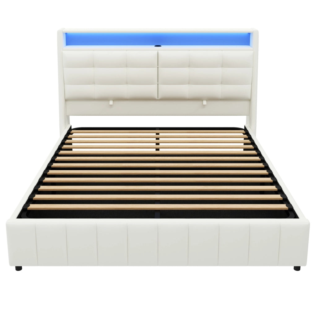 Letto imbottito 160x200 cm con contenitore; LED e USB in PU bianco
