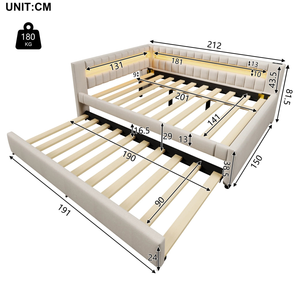 Letto 140x200 cm con LED e letto estraibile; USB e Type-C in lino beige