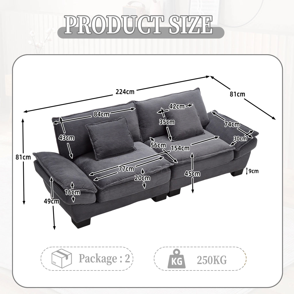 OKWISH Divano Lineare 2 Posti, Seduta Extra Profonda con Braccioli Imbottiti e 2 Cuscini, Velluto, Grigio Scuro