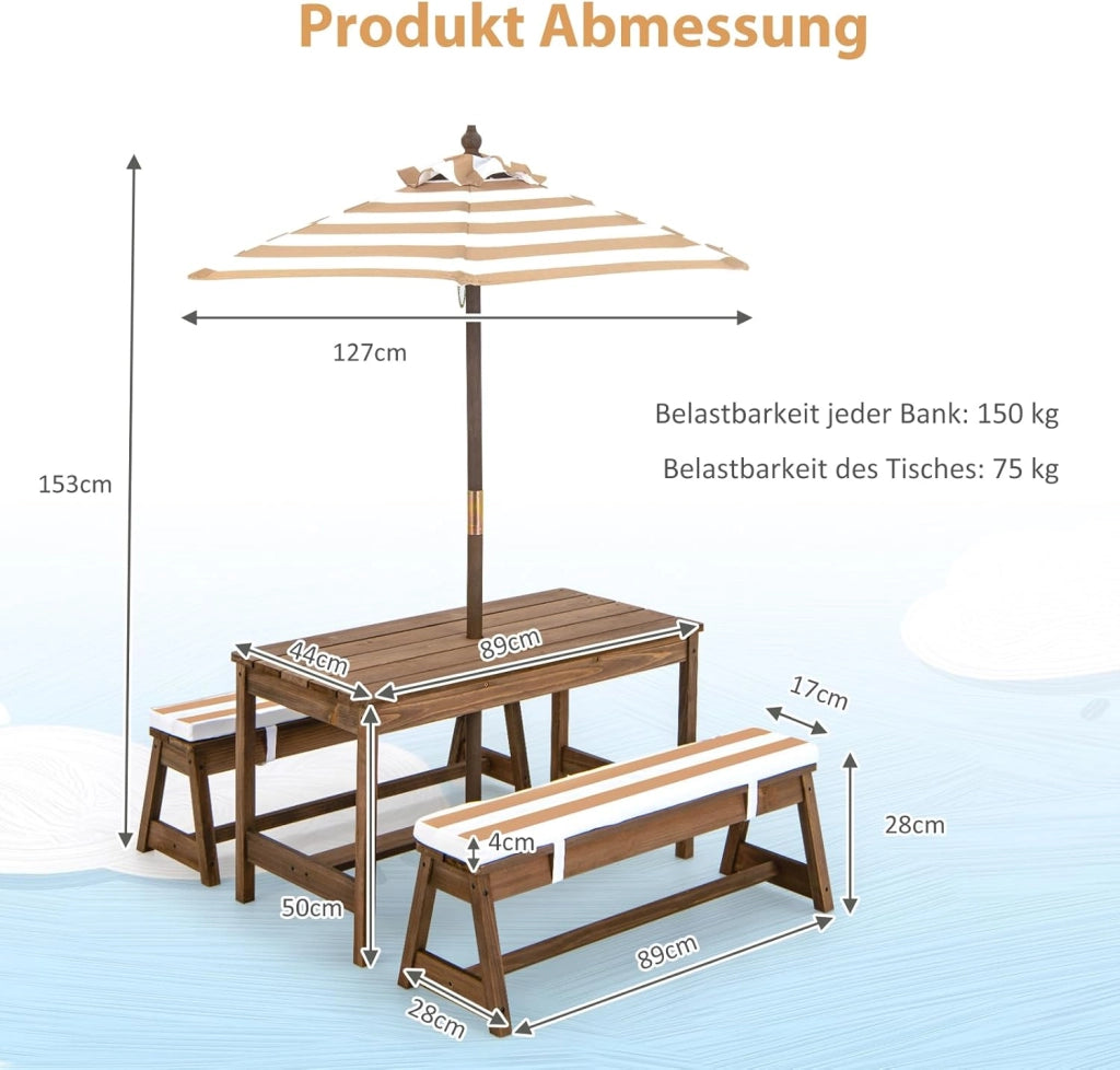 Set di Tavolo Picnic per Bambini con Ombrellone Regolabile, Panche per Bambini in Legno di Abete con Parasole e Cuscini Morbidi, Tavolo e Panchine Pranzo da Giardino e Parco (Marrone)