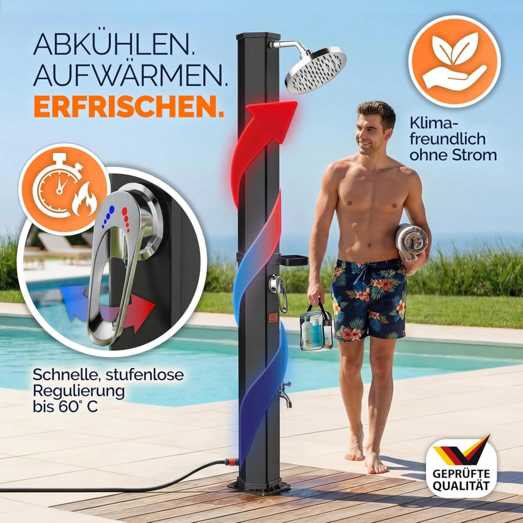 Monzana® Doccia solare 35L Resistente ai raggi UV Vassoio in Acciaio Inossidabile 105GSM Copertura Protettiva Doccino Regolabile a Pioggia Doccia Piscina Doccia Campeggio Acqua calda 60°C Esterno