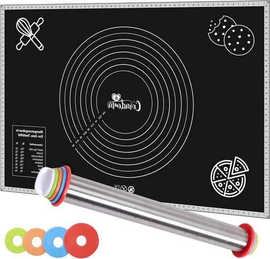 Mat di lavoro per pizza e pane 60 x 40 cm - deegroller in acciaio inossidabile - pellicola per forno duratura - mat di fondazione per deghetto - mat di silicone riciclabile - mat anti-slip e anti-adesivo