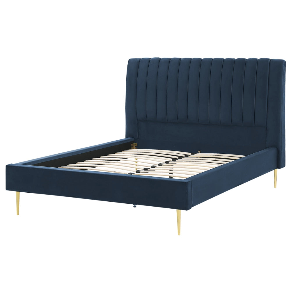 Letto imbottito velluto blu scuro e oro rete a doghe testiera alta 140 x 200 cm testata alta design retrò