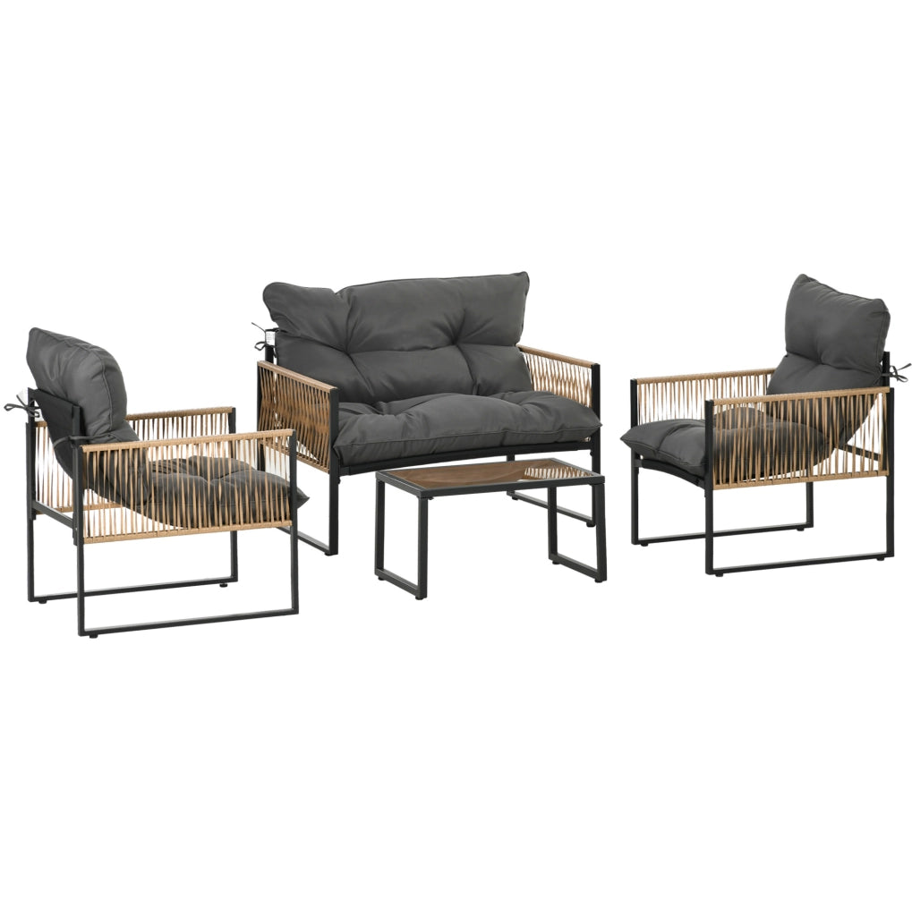 Salotto da giardino 4 pezzi in polyrattan con cuscini; tavolino in vetro; grigio scuro