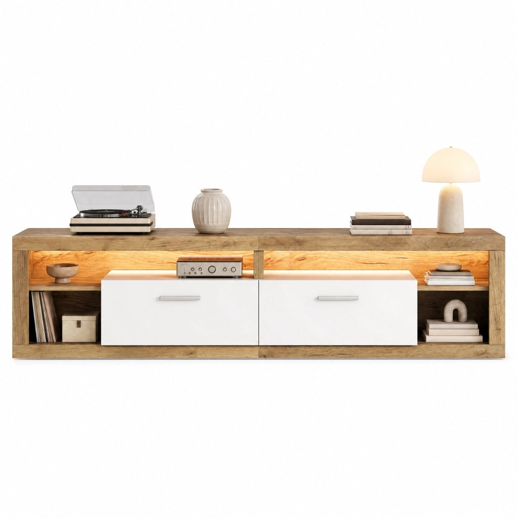 TV-Schrank 180x35,5x50 cm con LED controllati da app, 2 cassetti, 4 vani aperti, portata 30 kg, colore naturale e bianco