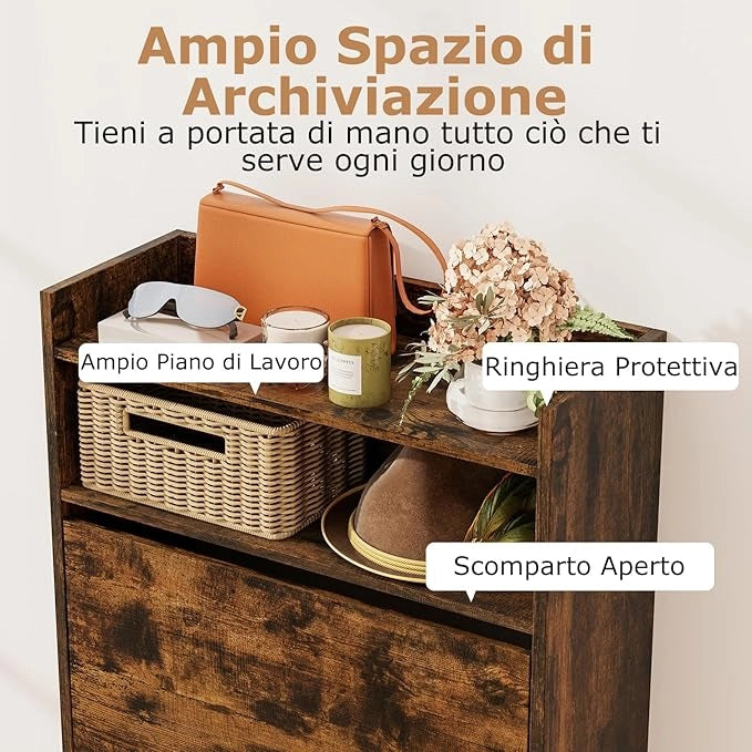Scarpiera Slim in Legno, Portascarpe a 4 Livelli con 2 Cassetti a Ribalta, con Ripiano Aperto, Mobile Porta Scarpe per Ingresso Corridoio, 60x24x102 cm (Marrone)