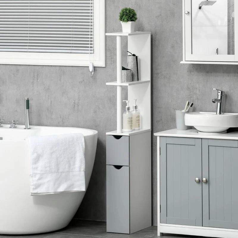 COLONNA BAGNO CON 2 RIPIANI E 2 ARMADIETTI, IN LEGNO, 15.2X29.8X118 CM, BIANCO E GRIGIO