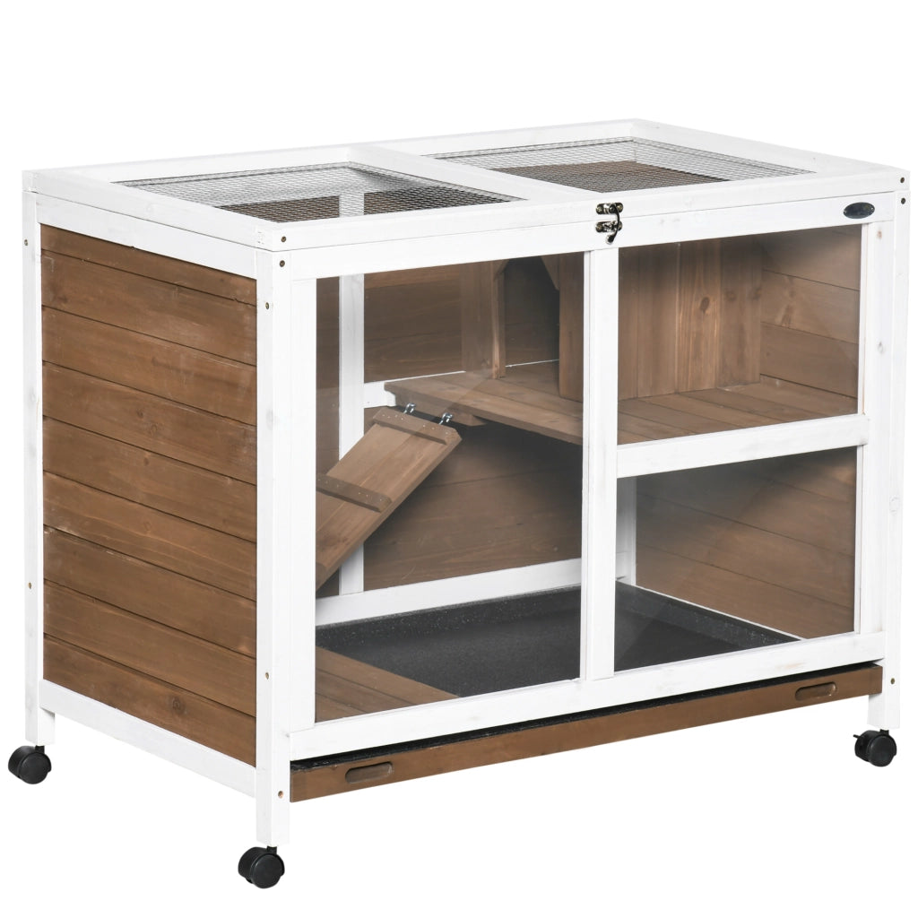 Conigliera a 2 Livelli con Casetta, Rampa e Vassoio Estraibile, in Legno di Abete, 91.5x53.3x73 cm, Marrone