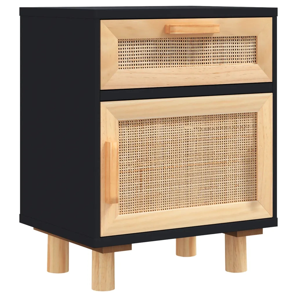Comodino-Tavolino da notte Nero in Legno Massello di Pino e Rattan Naturale