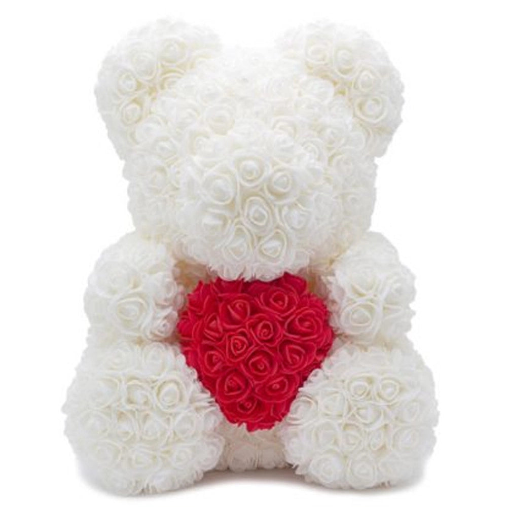 Trade Shop - Orsacchiotto Orsetto Orso Di Rose Con Fiori Da 40cm Bianco Con Cuore Rosso -
