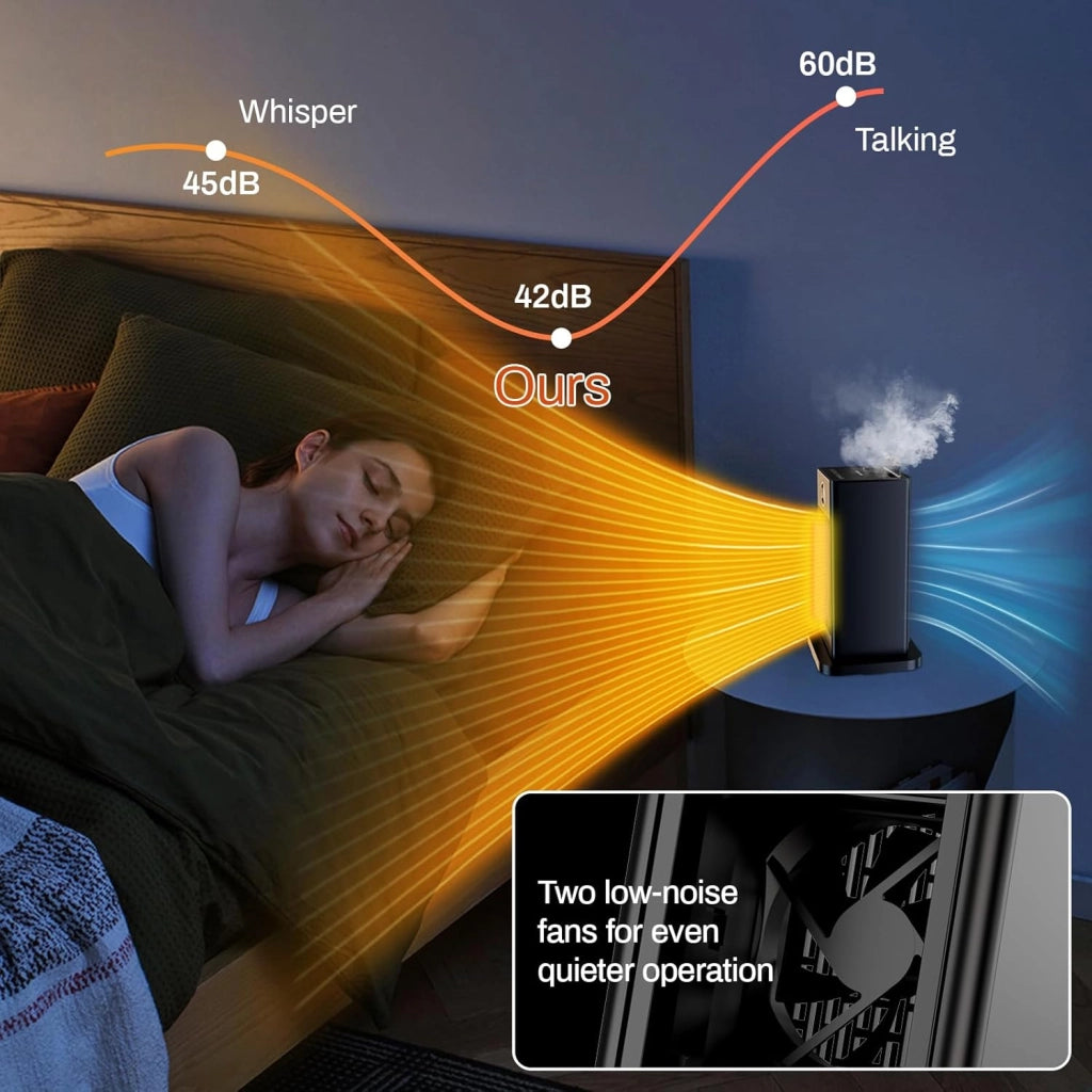 Termoventilatore piccolo, 1500 W, con funzione di umidificazione e luce ambientale, PTC, silenzioso, a risparmio energetico, timer da 12 ore, 4 modalità, oscillazione a 90°, con telecomando,