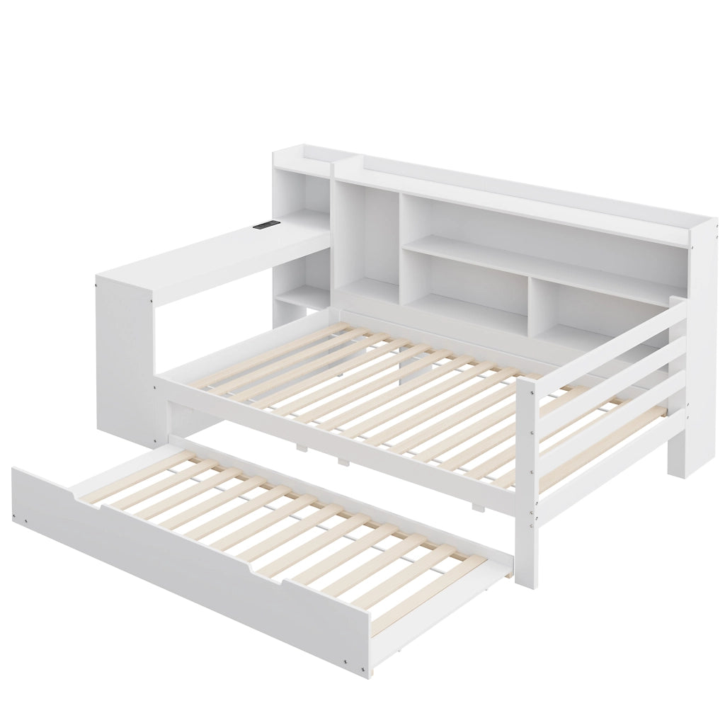 Letto estraibile singolo 90×200 cm con scrivania; ripiani; prese USB; senza materasso; legno; bianco