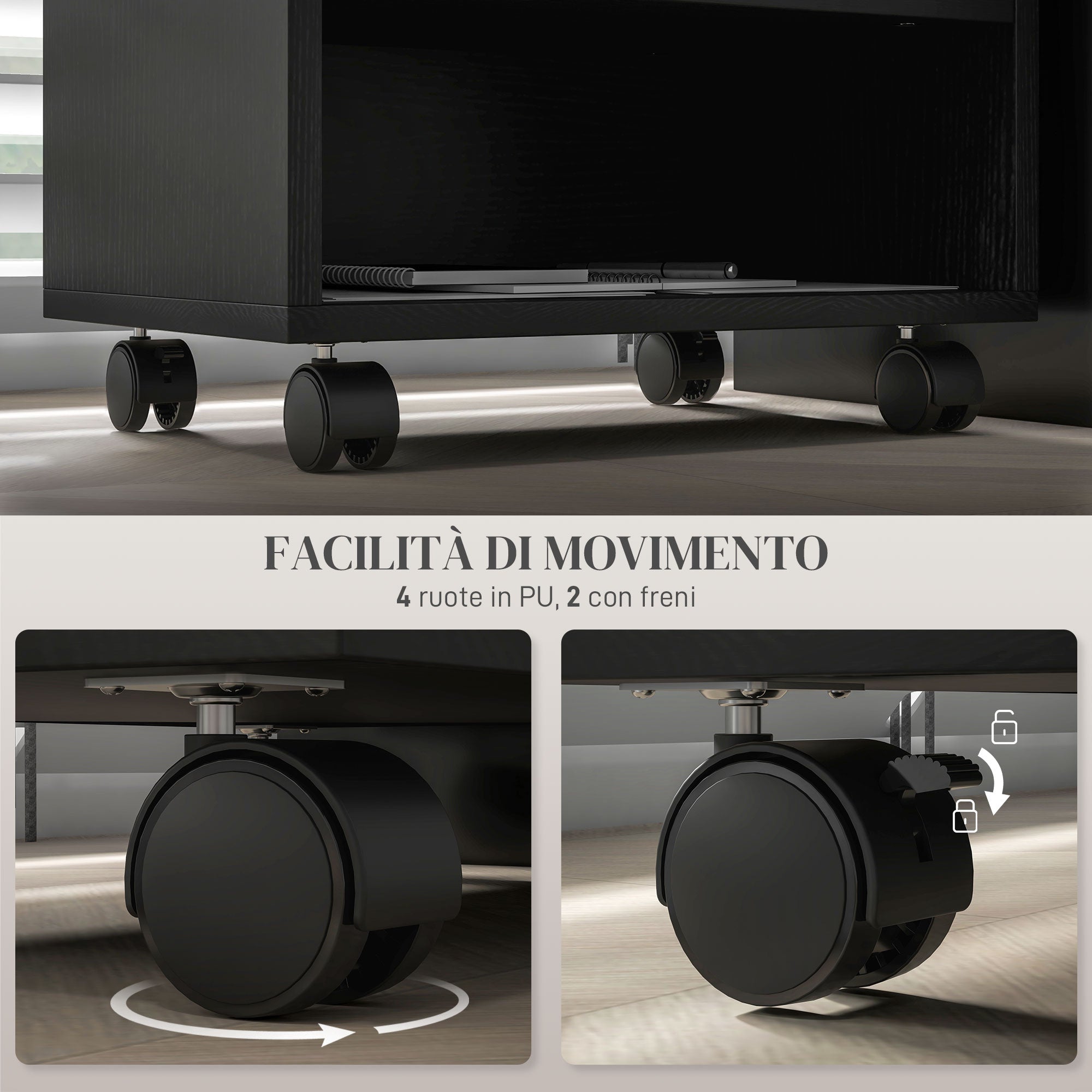 Mobile Porta Stampante a 2 Livelli con 3 Scomparti e Ruote per Ufficio e Studio 40x30x36 cm in Truciolato Nero