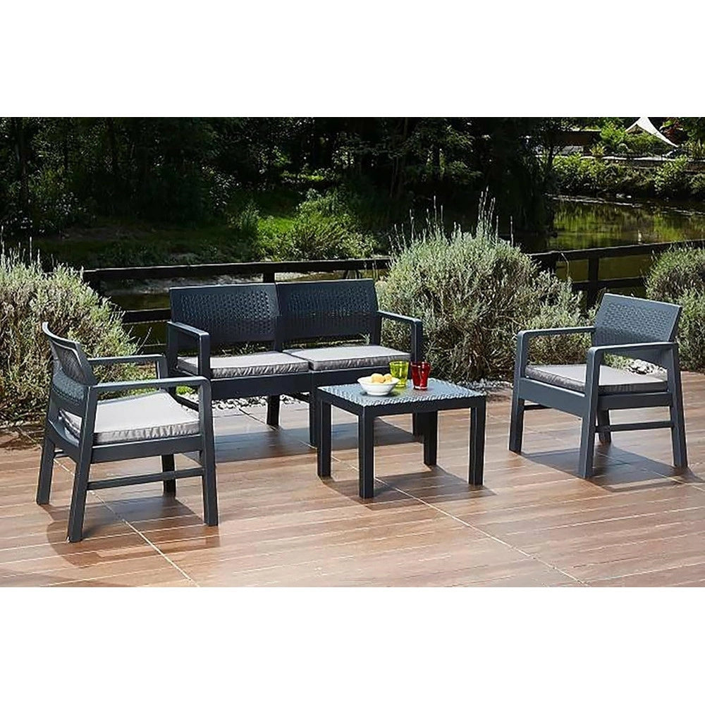 Trade Shop - Set Salotto Giardino Esterno Con Divano 2 Poltrone Tavolino Effetto Rattan Con Cuscini - Antracite