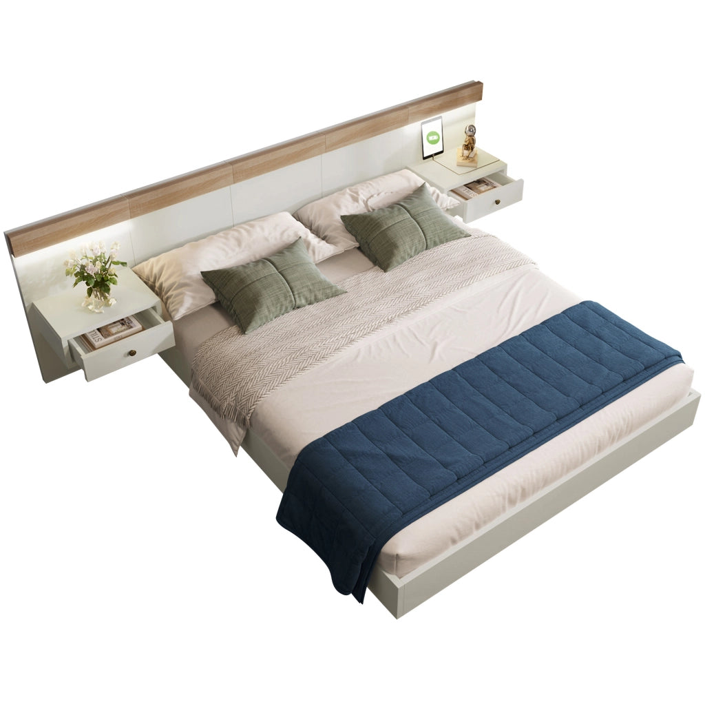 Letto matrimoniale 160x200 cm con comodini LED; USB C e presa EU; legno bianco e quercia Sonoma